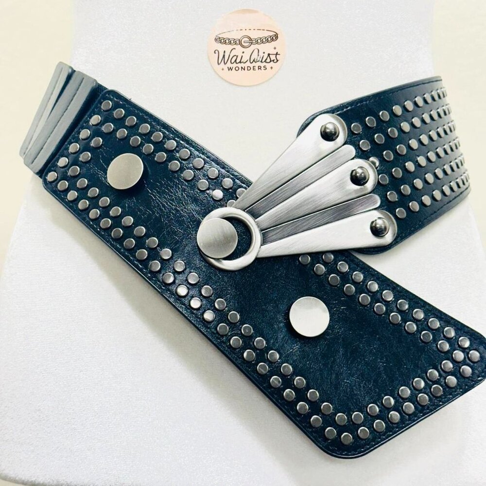 Black faux leather belt with silver studs and silver metal buckle , elastic adju